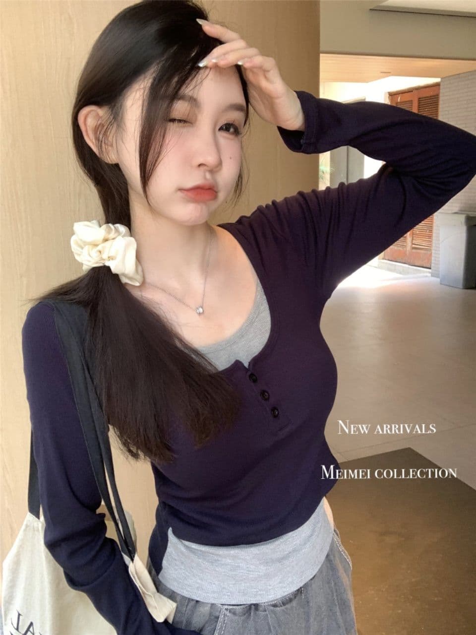 연삭 털 여성 학자 면 연삭 플러시 벨트 가슴 패드 단색 배색 페이크 레이어드 달콤한 스타일 보온 긴팔 상세 이미지 5