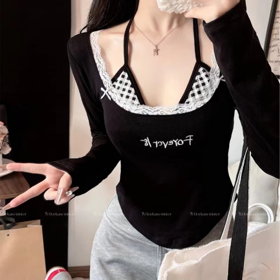 가을 달콤함 페이크 레이어드 긴팔 티셔츠 여성 벨트 가슴 패드 만나는 속옷 몸매 가꾸기 슬림해 보이는 외출용 기본 셔츠 이미지 5