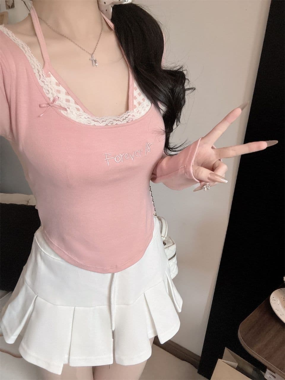 가을 달콤함 페이크 레이어드 긴팔 티셔츠 여성 벨트 가슴 패드 만나는 속옷 몸매 가꾸기 슬림해 보이는 외출용 기본 셔츠 상세 이미지 16