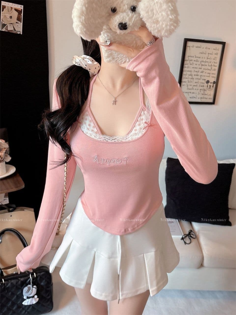 가을 달콤함 페이크 레이어드 긴팔 티셔츠 여성 벨트 가슴 패드 만나는 속옷 몸매 가꾸기 슬림해 보이는 외출용 기본 셔츠 상세 이미지 17