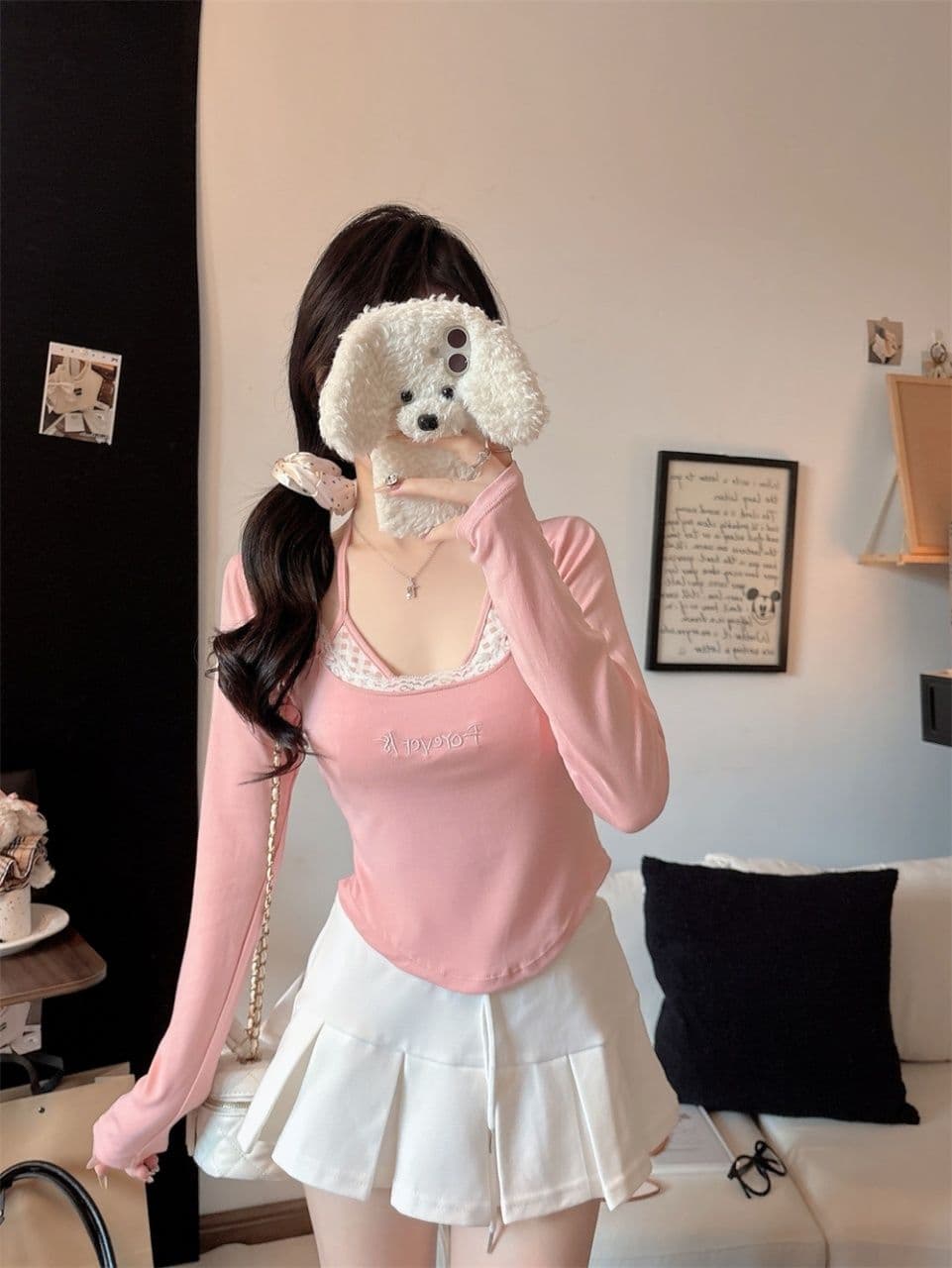 가을 달콤함 페이크 레이어드 긴팔 티셔츠 여성 벨트 가슴 패드 만나는 속옷 몸매 가꾸기 슬림해 보이는 외출용 기본 셔츠 상세 이미지 18