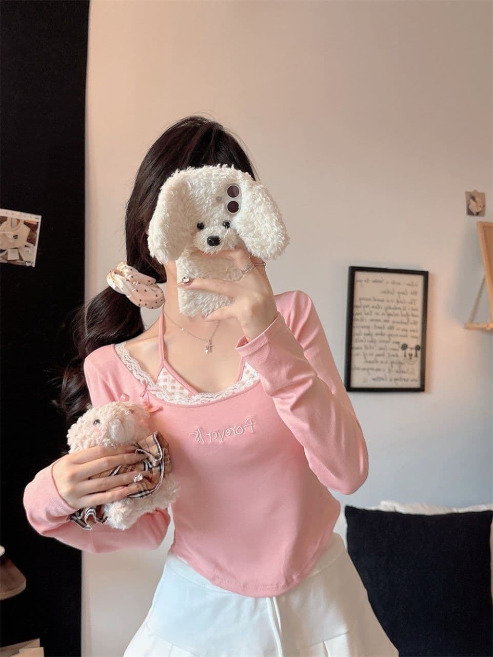가을 달콤함 페이크 레이어드 긴팔 티셔츠 여성 벨트 가슴 패드 만나는 속옷 몸매 가꾸기 슬림해 보이는 외출용 기본 셔츠 상세 이미지 19