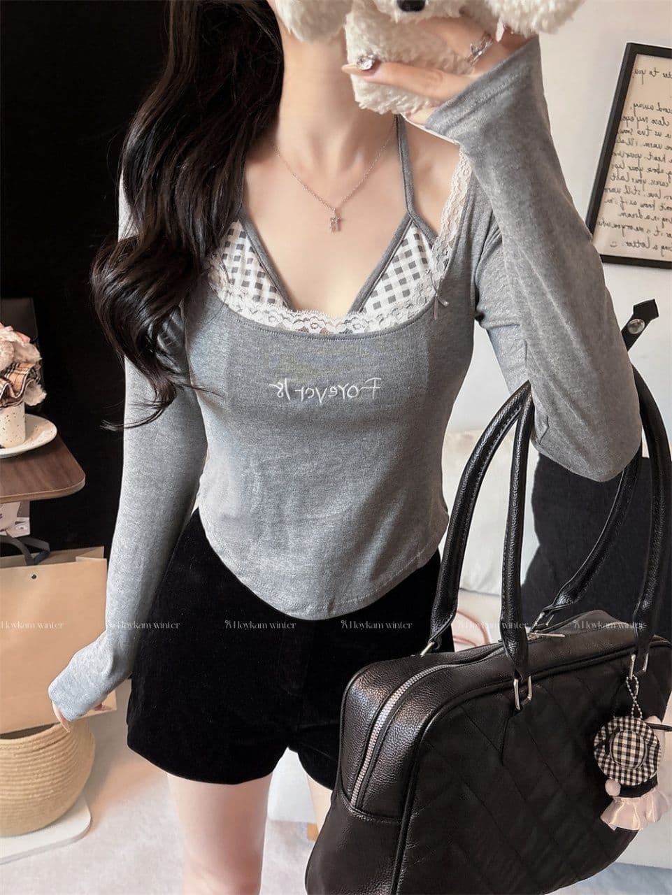 가을 달콤함 페이크 레이어드 긴팔 티셔츠 여성 벨트 가슴 패드 만나는 속옷 몸매 가꾸기 슬림해 보이는 외출용 기본 셔츠 상세 이미지 21