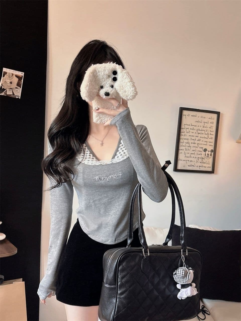 가을 달콤함 페이크 레이어드 긴팔 티셔츠 여성 벨트 가슴 패드 만나는 속옷 몸매 가꾸기 슬림해 보이는 외출용 기본 셔츠 상세 이미지 22