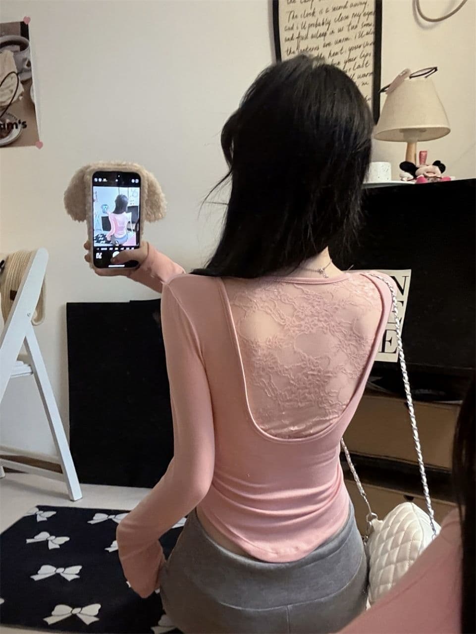 이른 가을 새로운 순수한 욕망 섹시함 레이스 백리스 긍정적 인 어깨 긴팔 여성 몸매 가꾸기 다용도 원피스 벨트 가슴 패드 상세 이미지 6