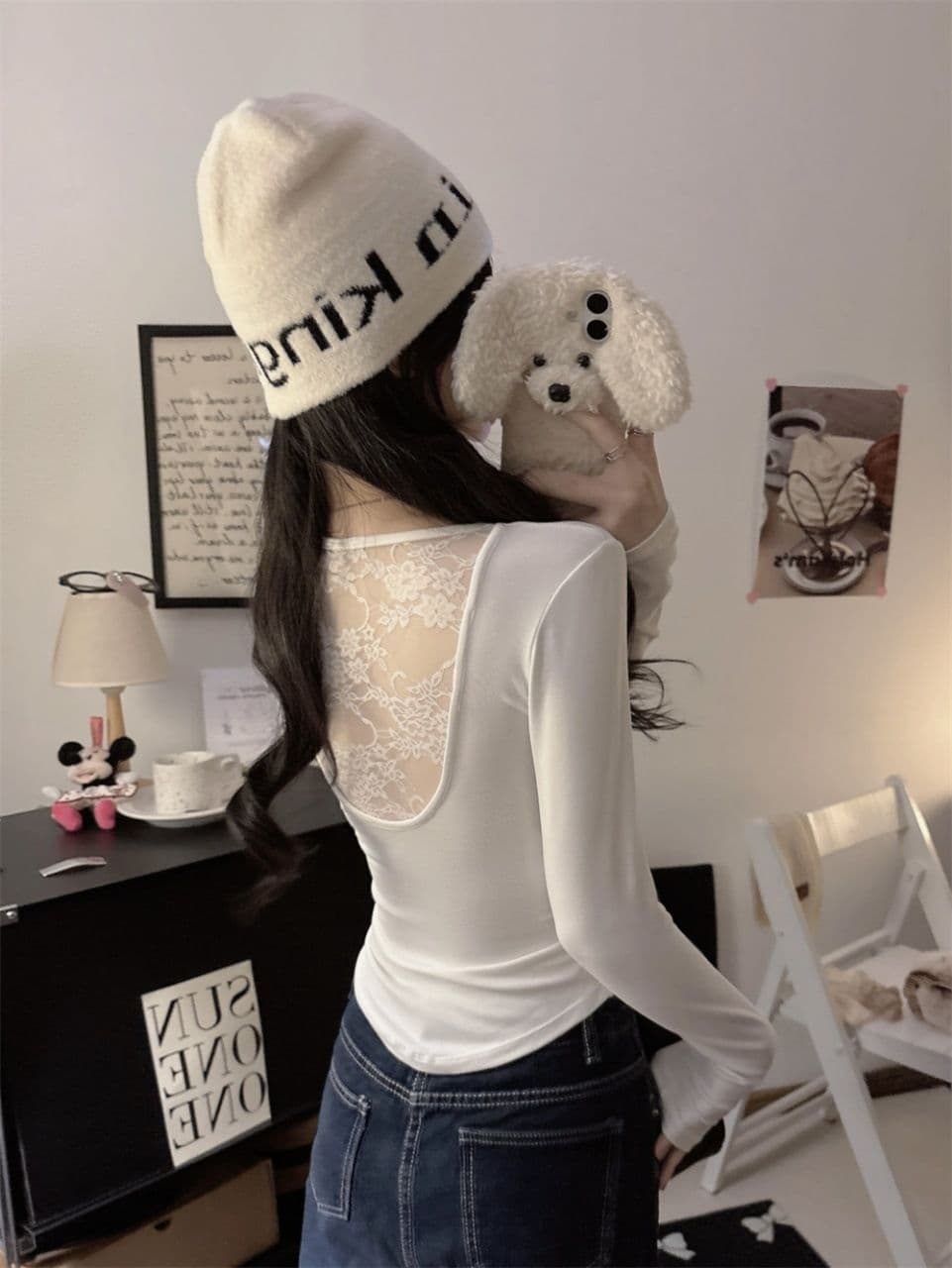 이른 가을 새로운 순수한 욕망 섹시함 레이스 백리스 긍정적 인 어깨 긴팔 여성 몸매 가꾸기 다용도 원피스 벨트 가슴 패드 상세 이미지 18