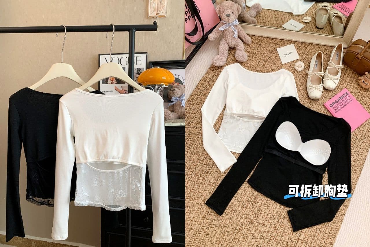 핫걸 바람 순수한 욕망 백리스 레이스 조각 긴팔 티셔츠 여성 봄 고유 한 몸매 가꾸기 디자인 센스 맨위 상세 이미지 2