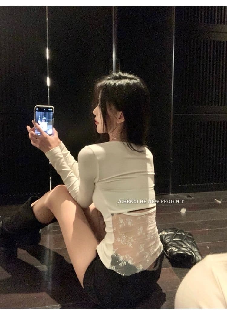 핫걸 바람 순수한 욕망 백리스 레이스 조각 긴팔 티셔츠 여성 봄 고유 한 몸매 가꾸기 디자인 센스 맨위 상세 이미지 4