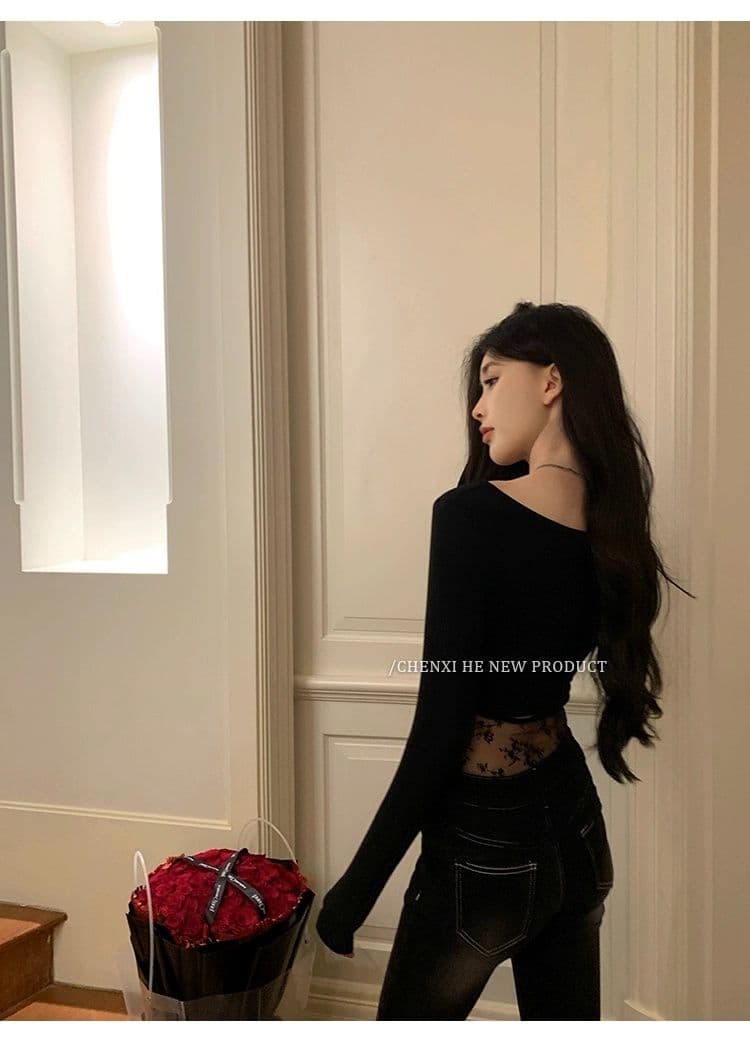 핫걸 바람 순수한 욕망 백리스 레이스 조각 긴팔 티셔츠 여성 봄 고유 한 몸매 가꾸기 디자인 센스 맨위 상세 이미지 10
