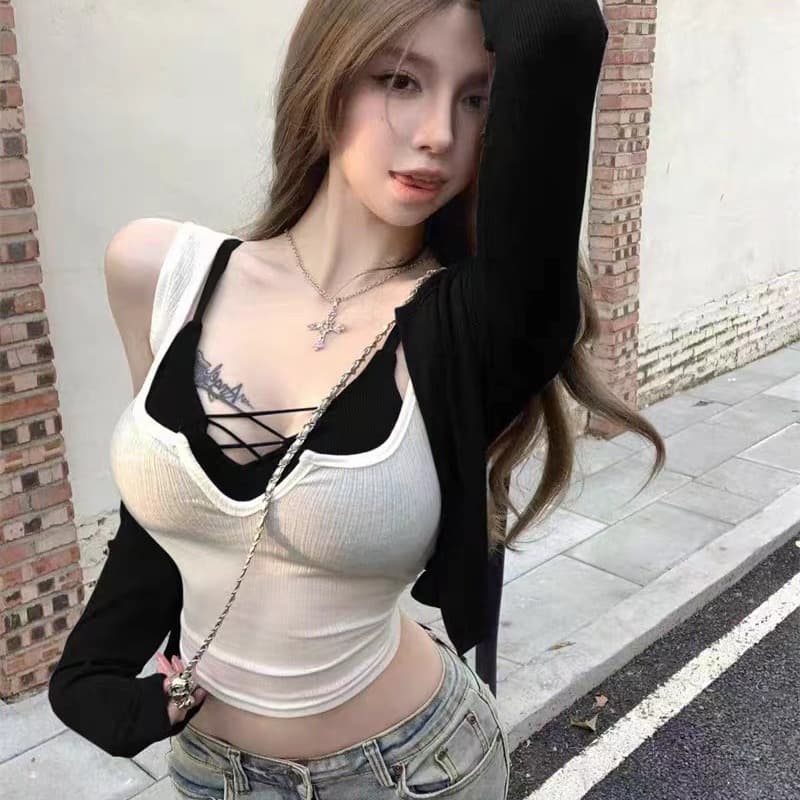 순수한 욕망 핫걸 3종 세트 오픈 가디건 긴팔 몸매 가꾸기 여성 십자가 포장 가슴 플러스 시스루 조끼 이미지 5