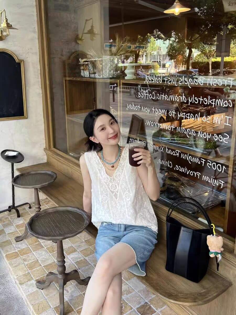 작은 대중 레트로 레이스 자카드 패치워크 캐주얼 문예 V넥 민소매 조끼 맨위 여성 여름 상세 이미지 6
