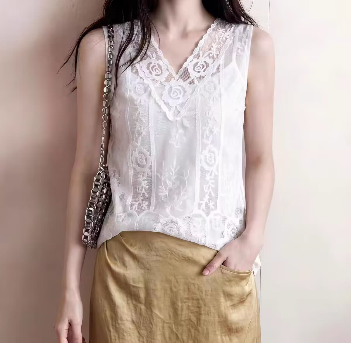 작은 대중 레트로 레이스 자카드 패치워크 캐주얼 문예 V넥 민소매 조끼 맨위 여성 여름 상세 이미지 7