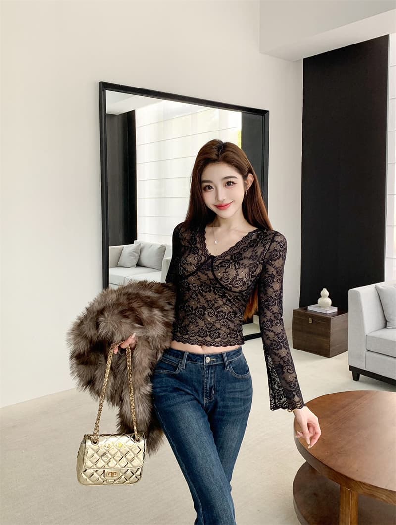 V넥 순수한 욕망 바람 벨트 가슴 패드 레이스 기본 셔츠 핫걸 몸매 가꾸기 긴팔 인사이드 잡아라. 의류 상세 이미지 17