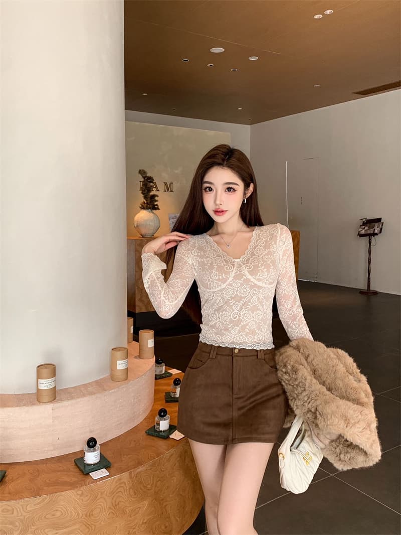 V넥 순수한 욕망 바람 벨트 가슴 패드 레이스 기본 셔츠 핫걸 몸매 가꾸기 긴팔 인사이드 잡아라. 의류 상세 이미지 22