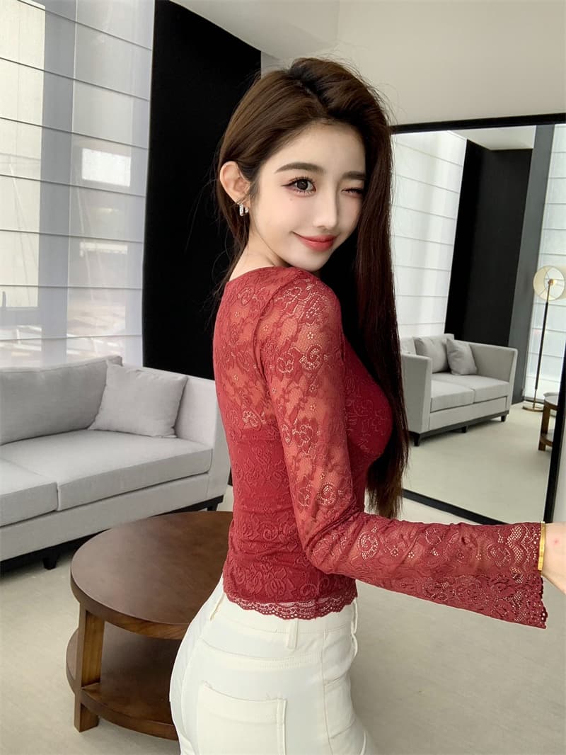 V넥 순수한 욕망 바람 벨트 가슴 패드 레이스 기본 셔츠 핫걸 몸매 가꾸기 긴팔 인사이드 잡아라. 의류 상세 이미지 27