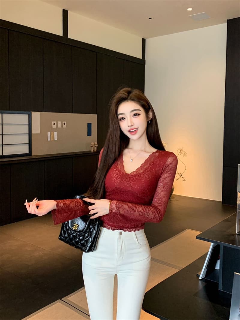 V넥 순수한 욕망 바람 벨트 가슴 패드 레이스 기본 셔츠 핫걸 몸매 가꾸기 긴팔 인사이드 잡아라. 의류 상세 이미지 29