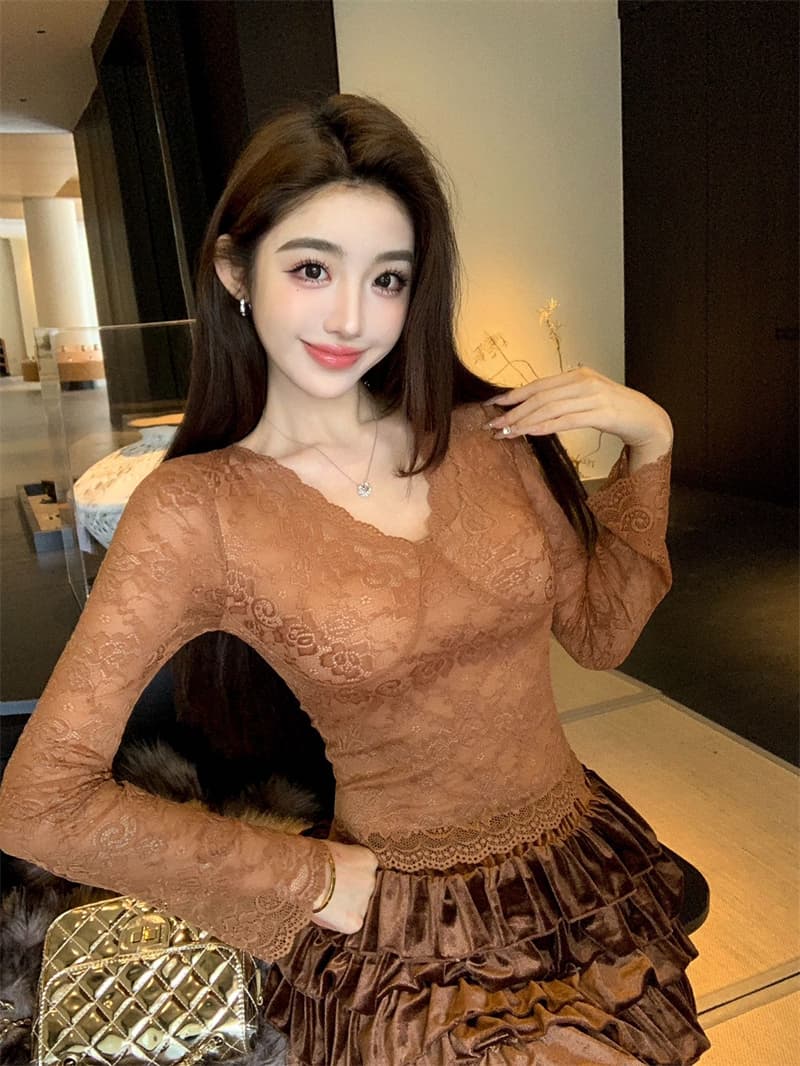 V넥 순수한 욕망 바람 벨트 가슴 패드 레이스 기본 셔츠 핫걸 몸매 가꾸기 긴팔 인사이드 잡아라. 의류 상세 이미지 32