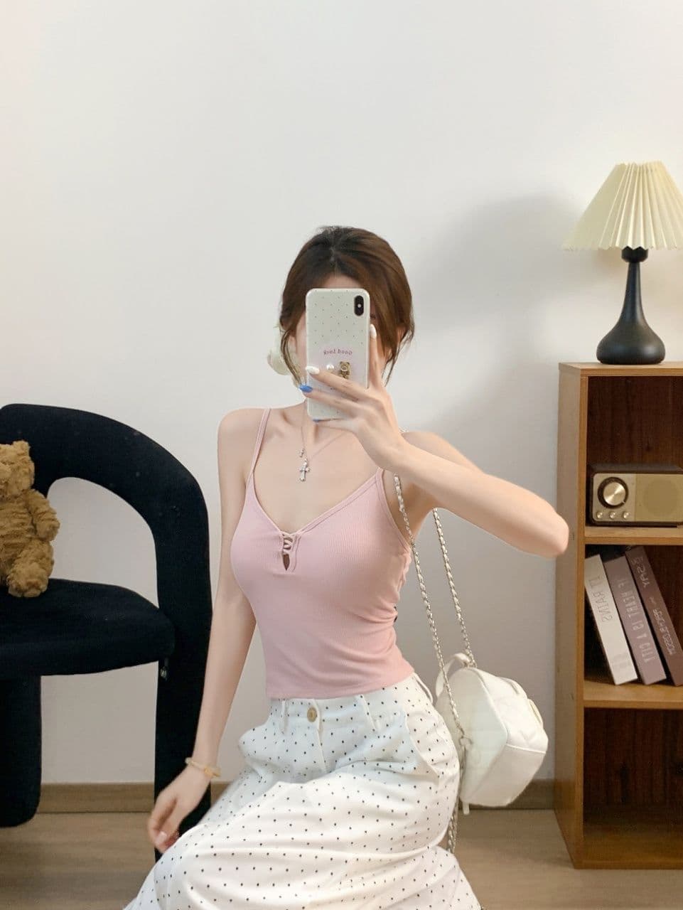 V넥 홀로우 아웃 캐미솔 아름다움 뒤로 몸매 가꾸기 쇼트 스타일 핫걸 바람 몸매 가꾸기 맨위 상세 이미지 14