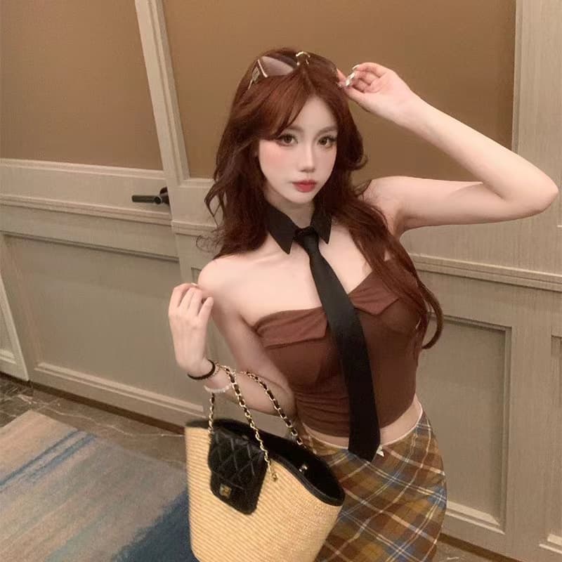 순수한 욕망 핫걸 바람 벨트 넥타이 섹시함 튜브탑 작은 조끼 여성 다용도 슬림해 보이는 이슬 뼈의 짧은 맨위 상세 이미지 2