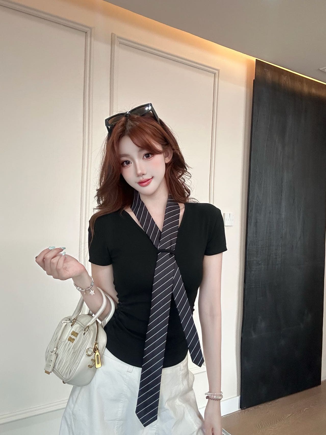 아메리칸 레트로 학원 스타일 V넥 스트라이프 넥타이 반팔 벨트 가슴 패드 상세 이미지 2