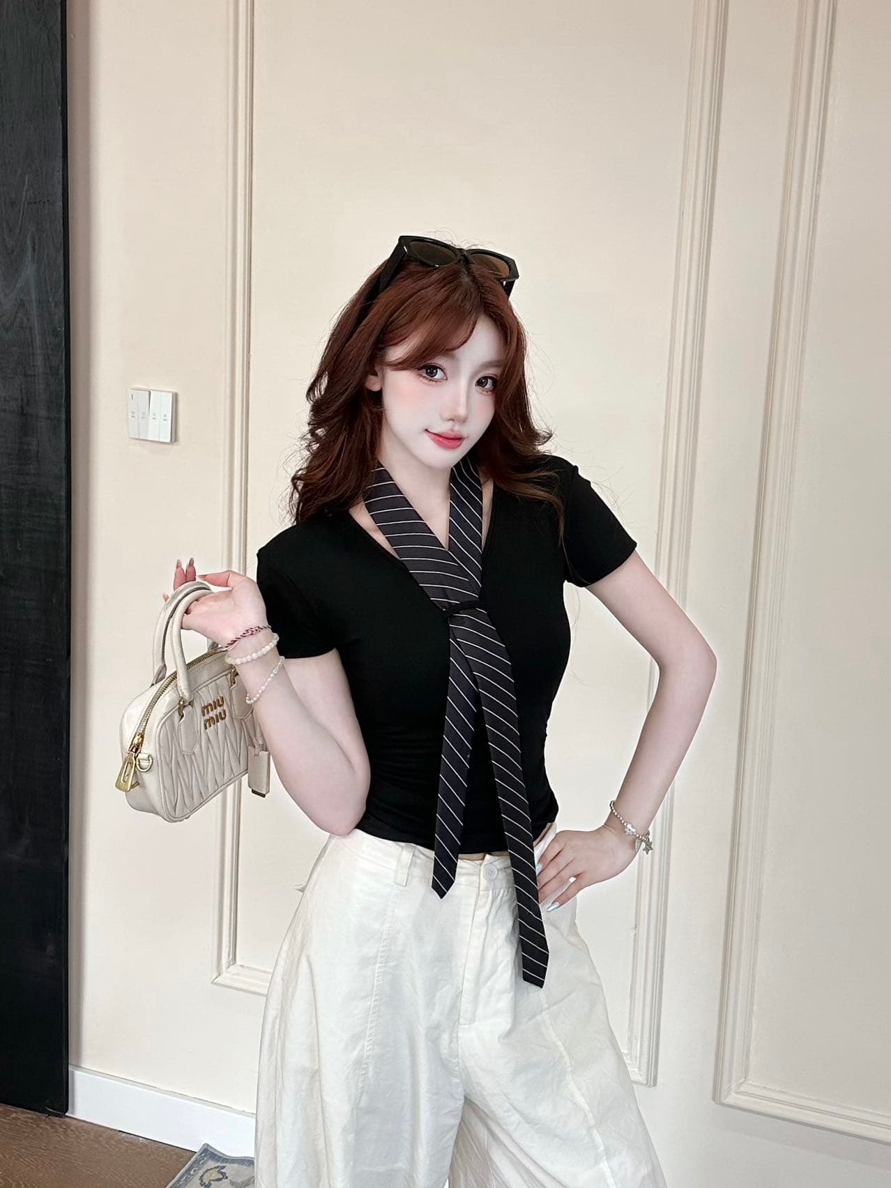 아메리칸 레트로 학원 스타일 V넥 스트라이프 넥타이 반팔 벨트 가슴 패드 상세 이미지 4