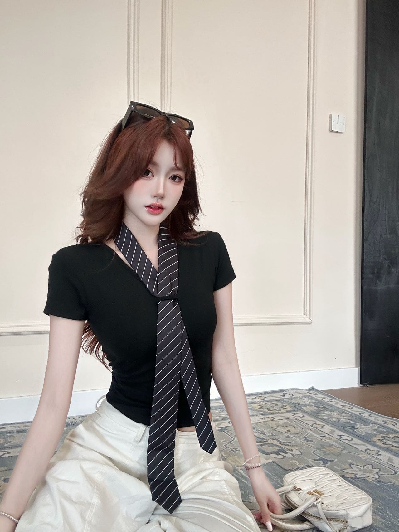 아메리칸 레트로 학원 스타일 V넥 스트라이프 넥타이 반팔 벨트 가슴 패드 상세 이미지 6