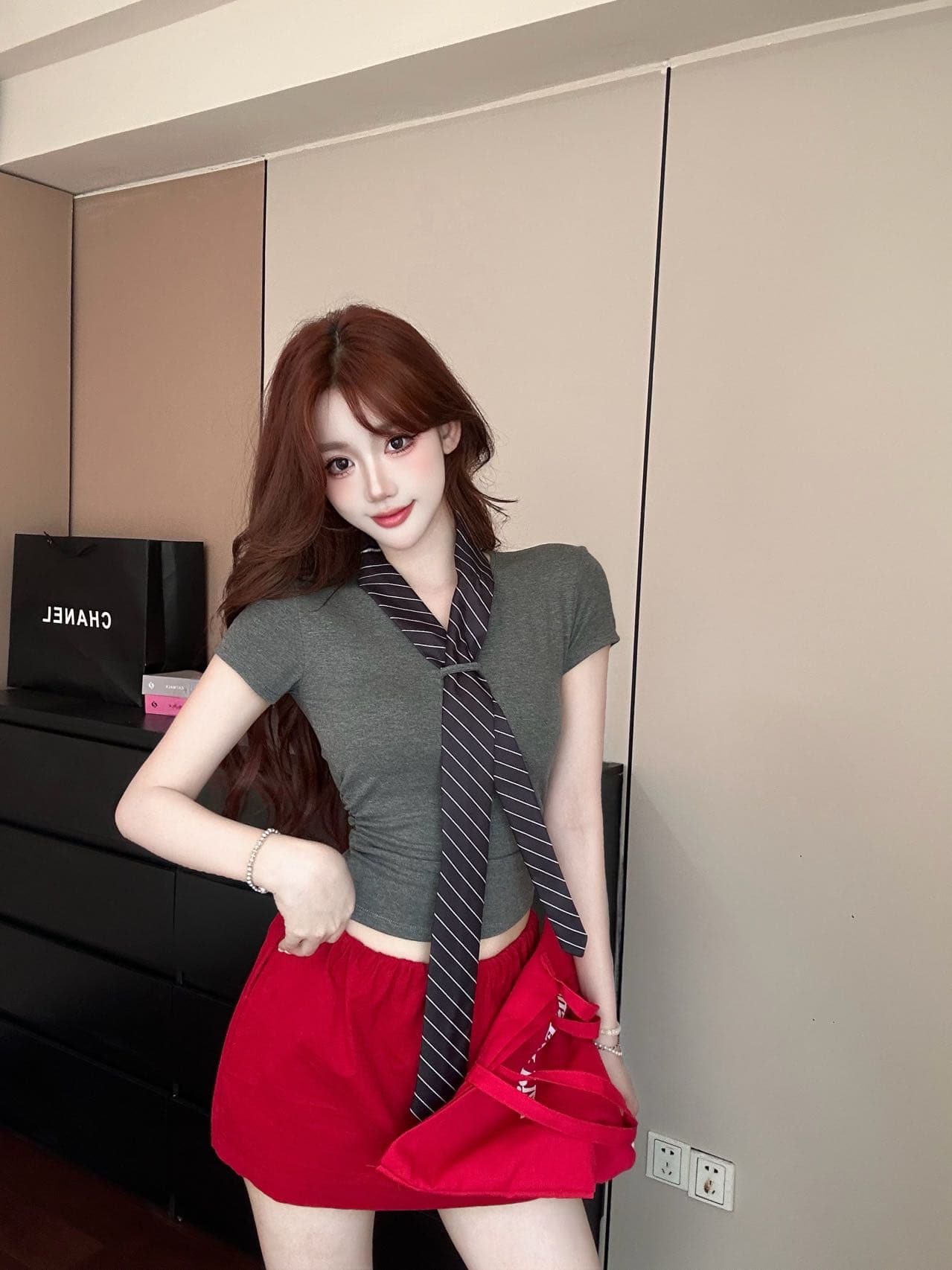 아메리칸 레트로 학원 스타일 V넥 스트라이프 넥타이 반팔 벨트 가슴 패드 상세 이미지 16