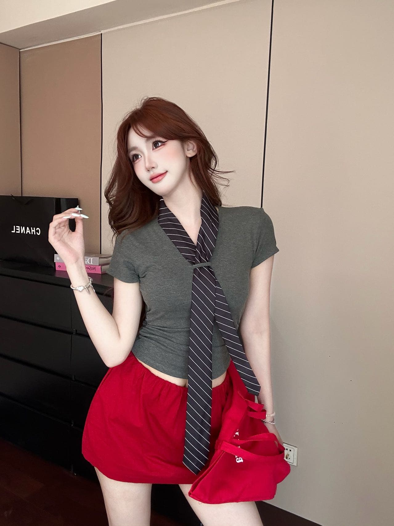 아메리칸 레트로 학원 스타일 V넥 스트라이프 넥타이 반팔 벨트 가슴 패드 상세 이미지 18