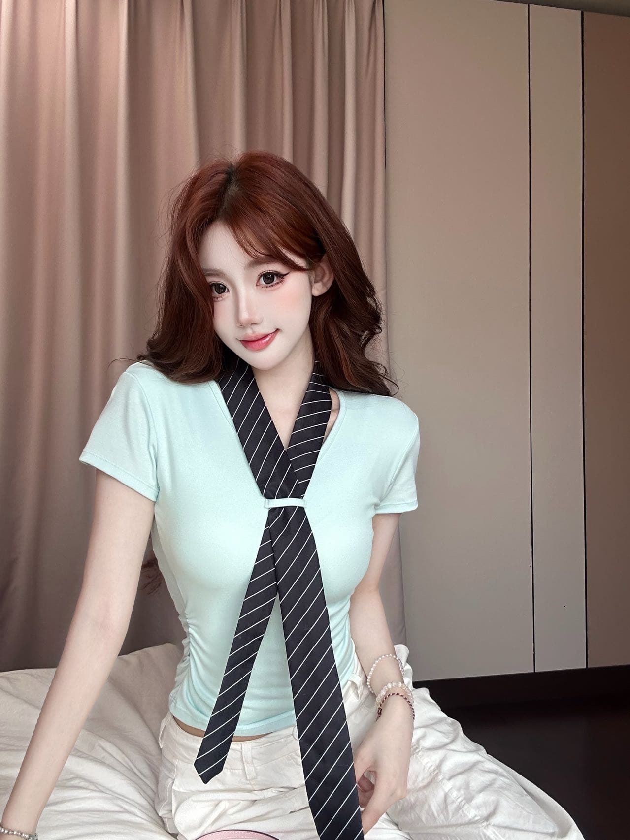 아메리칸 레트로 학원 스타일 V넥 스트라이프 넥타이 반팔 벨트 가슴 패드 상세 이미지 23