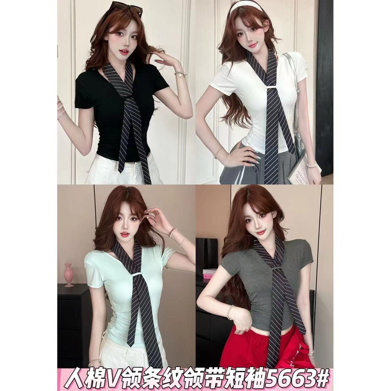 아메리칸 레트로 학원 스타일 V넥 스트라이프 넥타이 반팔 벨트 가슴 패드 상세 이미지 40