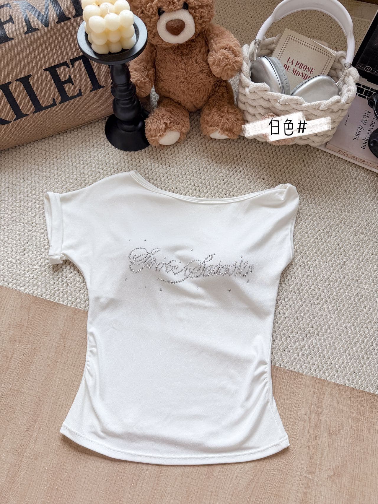 한 부서 무거운 작업 핫픽스 비틀림 비스듬한 어깨 반팔 티셔츠 여성 디자인 센스 허리 수축 다용도 오프숄더 맨위 상세 이미지 13