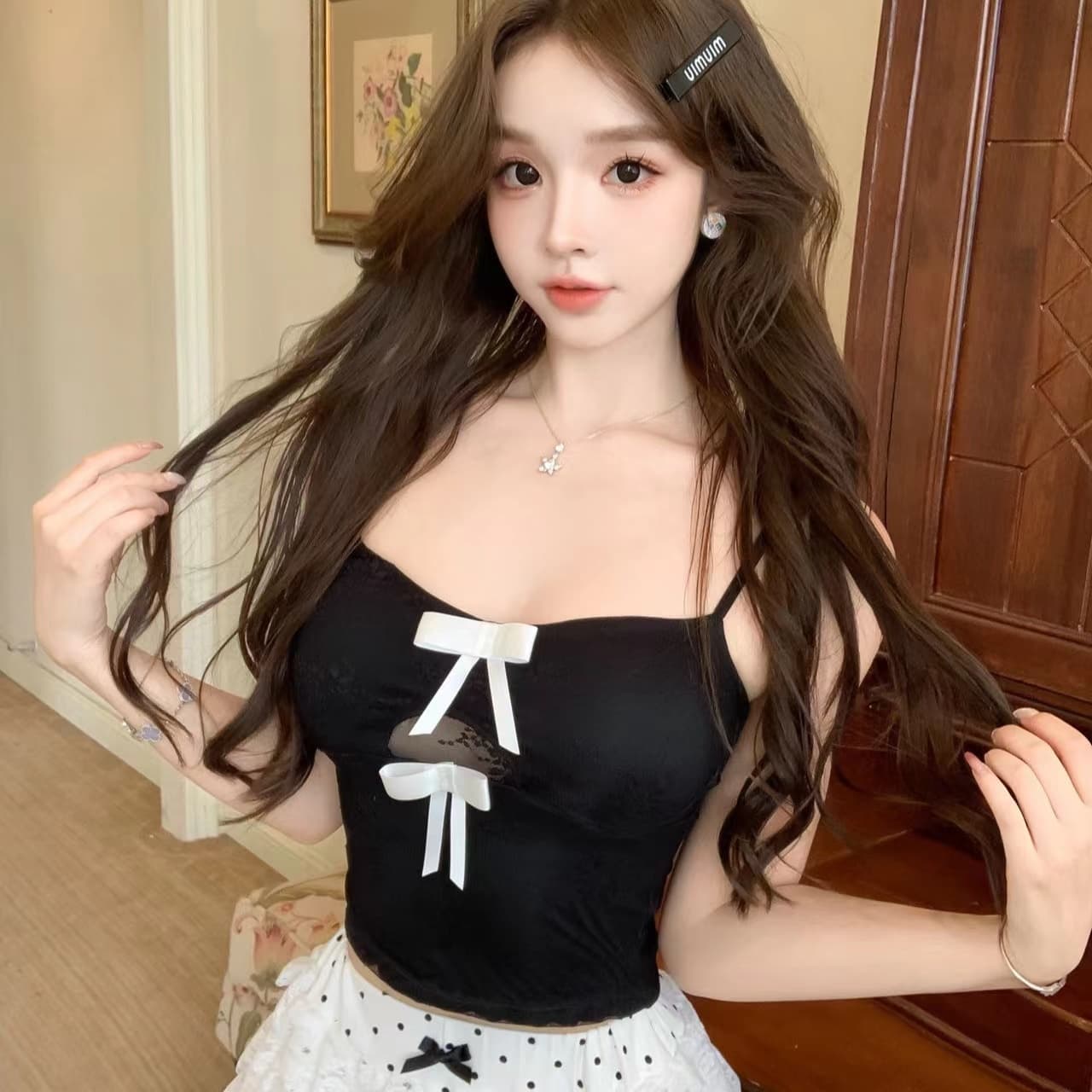 달콤한 매운맛 바람 V넥 홀로우 아웃 나비 매듭 레이스 캐미솔 순수한 욕망 섹시함 백리스 슬림해 보이는 민소매 다용도 맨위 상세 이미지 3