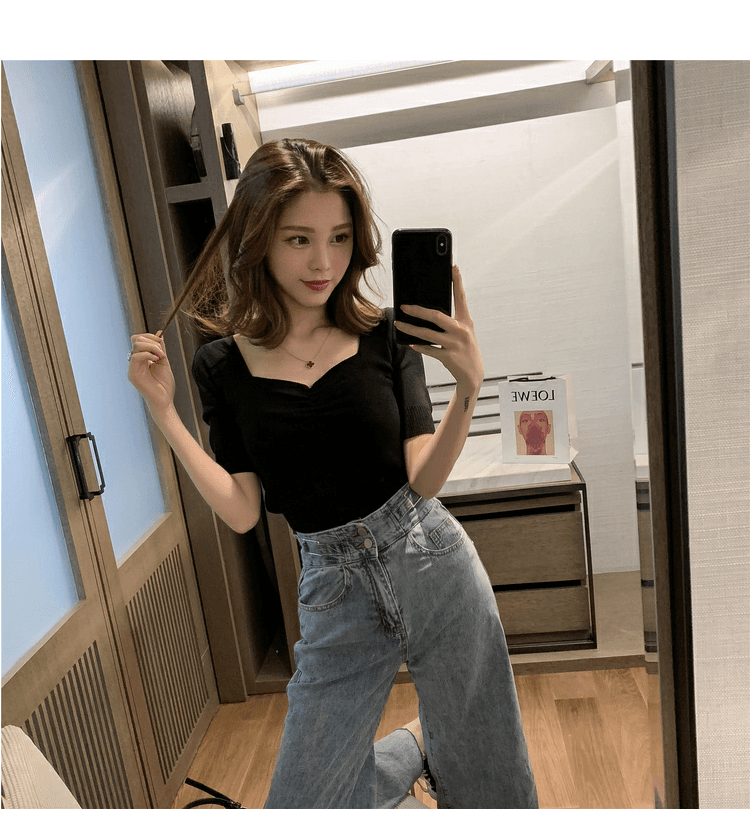 2026 여름 새로운 한국 스타일 디자인 센스 광장 칼라 펌프 Pleat 반팔 니트 스웨터 여성 chic 슬림해 보이는 조심해. 선상에서 의류 상세 이미지 1
