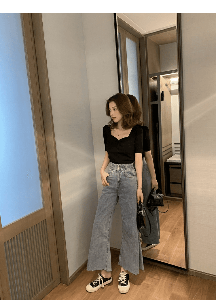 2026 여름 새로운 한국 스타일 디자인 센스 광장 칼라 펌프 Pleat 반팔 니트 스웨터 여성 chic 슬림해 보이는 조심해. 선상에서 의류 상세 이미지 5
