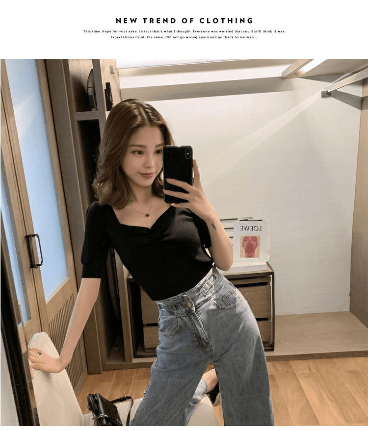 2026 여름 새로운 한국 스타일 디자인 센스 광장 칼라 펌프 Pleat 반팔 니트 스웨터 여성 chic 슬림해 보이는 조심해. 선상에서 의류 상세 이미지 8
