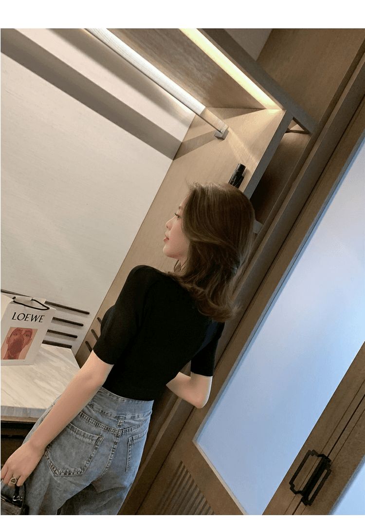2026 여름 새로운 한국 스타일 디자인 센스 광장 칼라 펌프 Pleat 반팔 니트 스웨터 여성 chic 슬림해 보이는 조심해. 선상에서 의류 상세 이미지 10