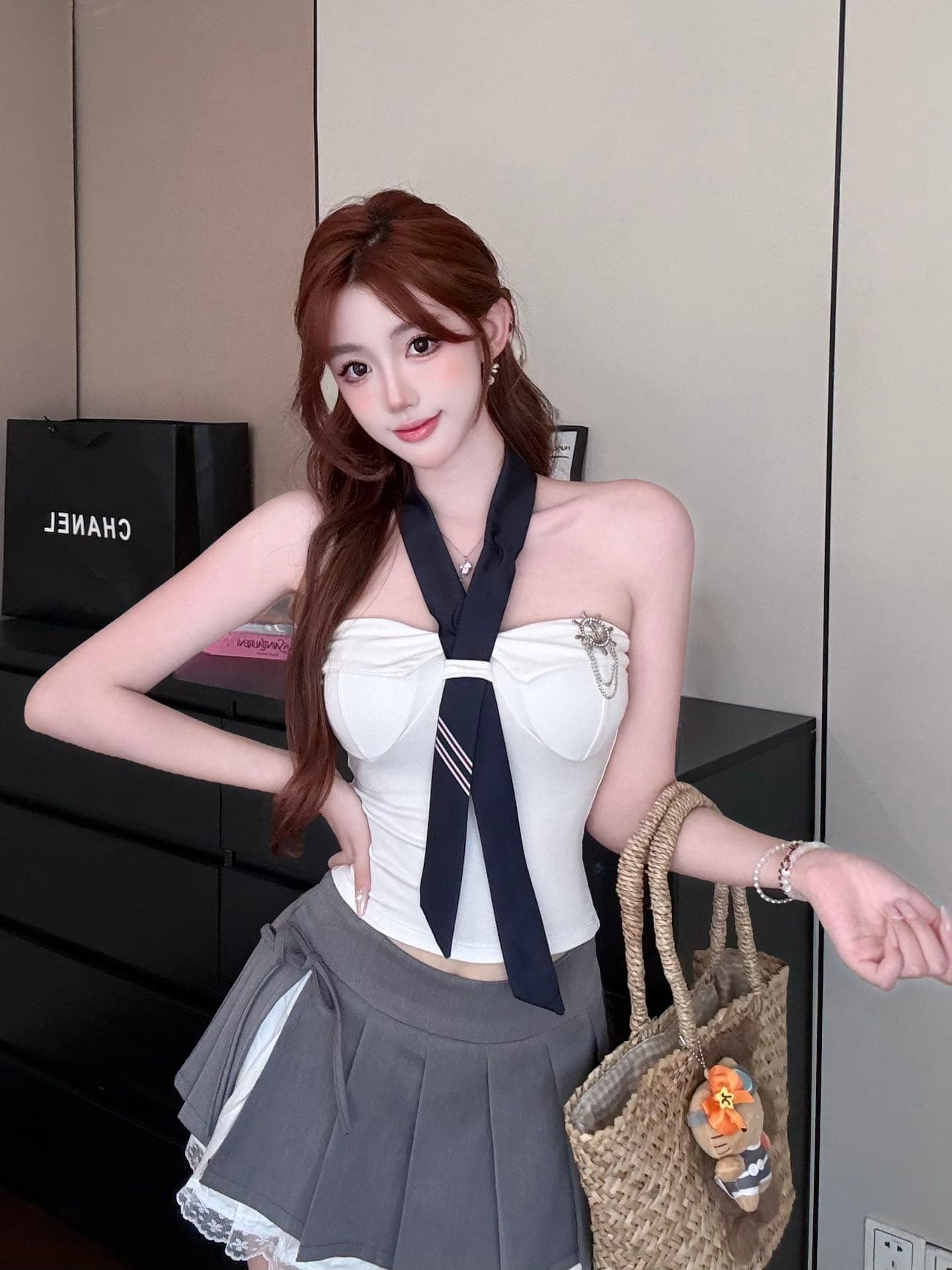 작은 샤넬 스타일 달콤한 핫걸 오프숄더 슬림해 보이는 배색 넥타이 조끼 여성 넥타이 아름다움 뒤로 상세 이미지 16