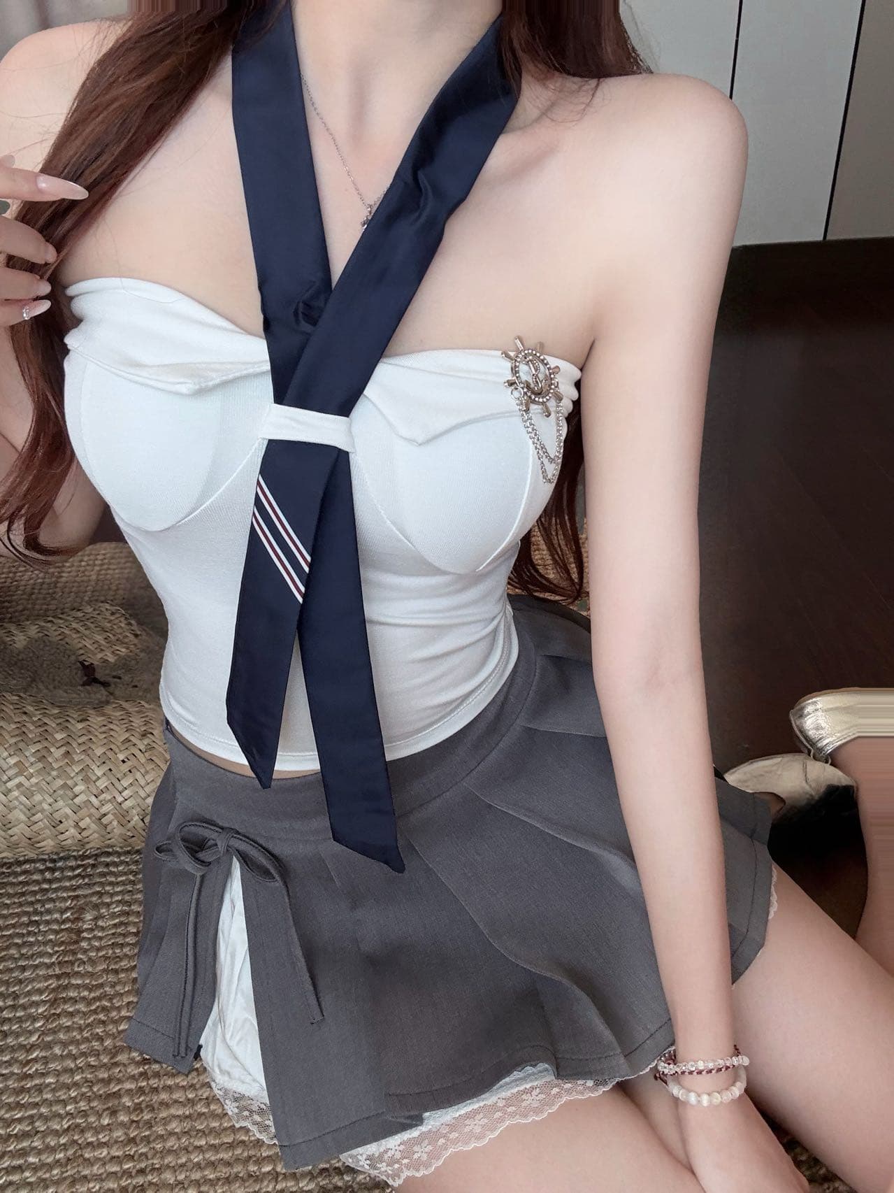 작은 샤넬 스타일 달콤한 핫걸 오프숄더 슬림해 보이는 배색 넥타이 조끼 여성 넥타이 아름다움 뒤로 상세 이미지 19