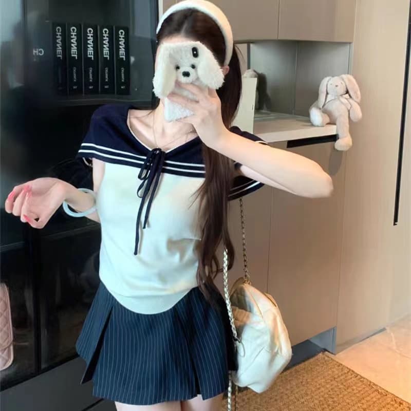 연령 감소 배색 스트라이프 반팔 니트 스웨터 여성 여름 새로운 학원 스타일 POLO 칼라 출퇴근 다용도 품격 맨위 이미지 4