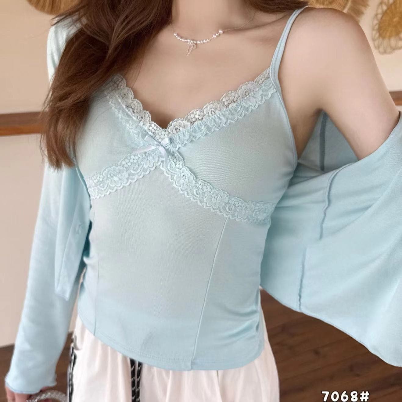 부드러운 한 부서 분위기 센스 레이스 나만의 것을 가져와 라. 가슴 패드 투피스 세트 세트 오픈 가디건 슬립 맨위 이미지 2
