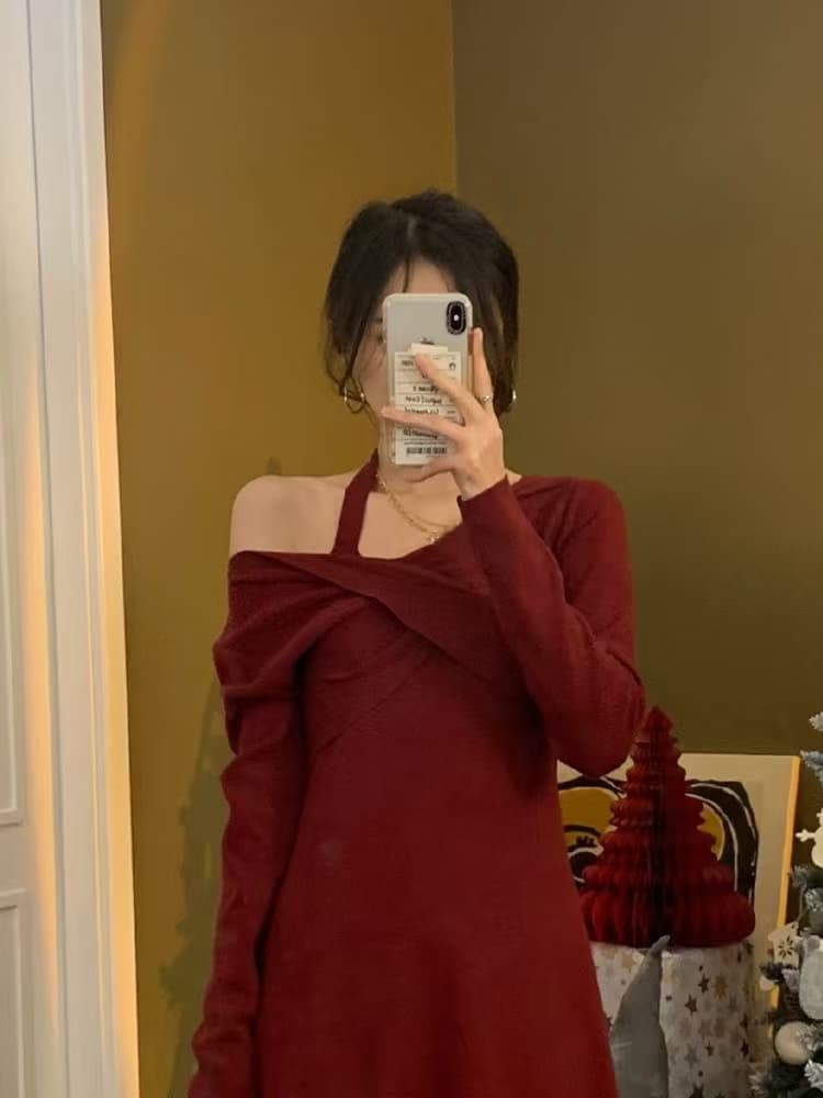 행침 목 빨간색 V넥 여성 드레스 가을 겨울 새로운 긴팔 품격 고급 센스 니트 롱 스커트 상세 이미지 1