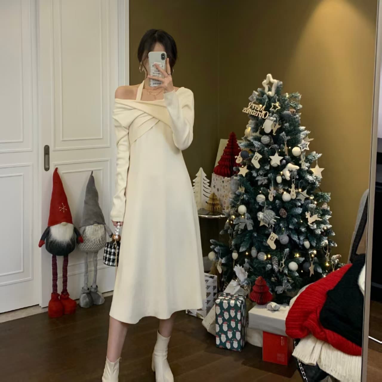 행침 목 빨간색 V넥 여성 드레스 가을 겨울 새로운 긴팔 품격 고급 센스 니트 롱 스커트 상세 이미지 9