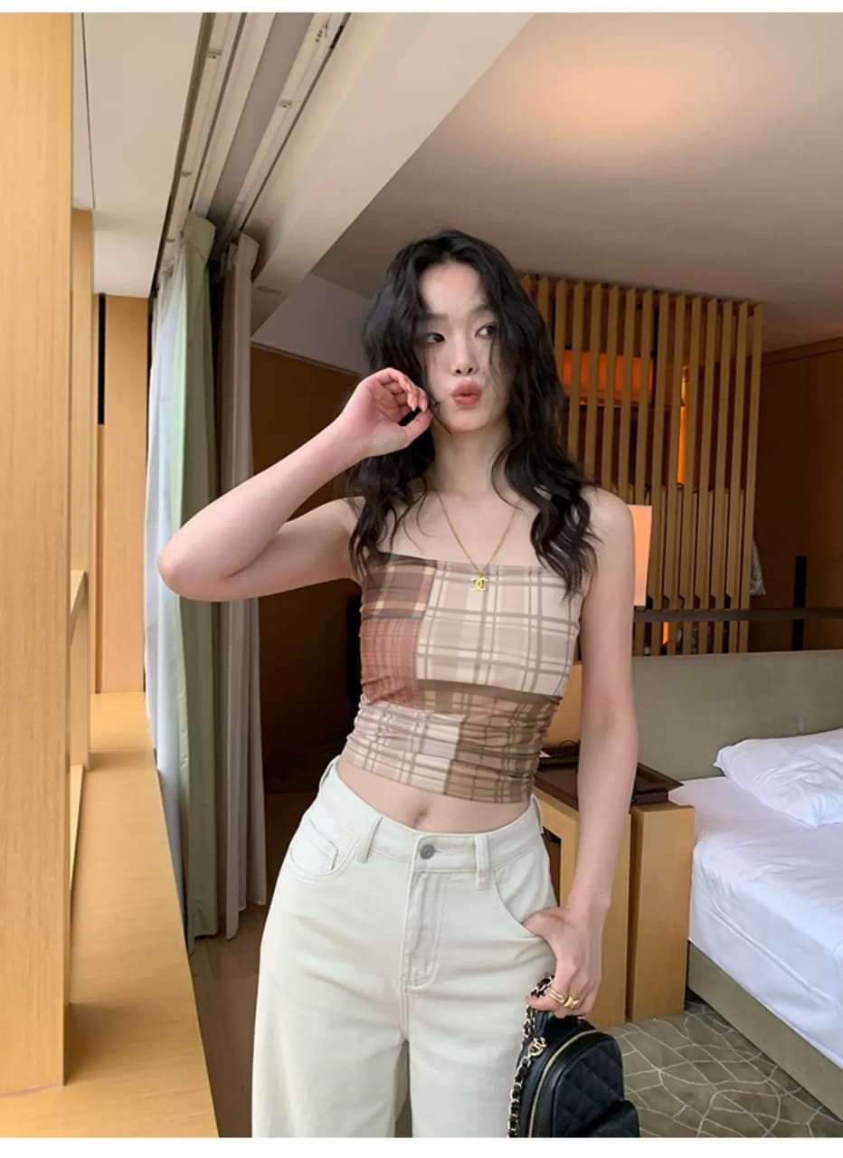 레트로 핫걸 패치워크 색상 체크무늬 캐미솔 인사이드 가져 가라. 기본 셔츠 망사 프린트 쇼트 스타일 아름다움 뒤로 디자인 맨위 여성 상세 이미지 15