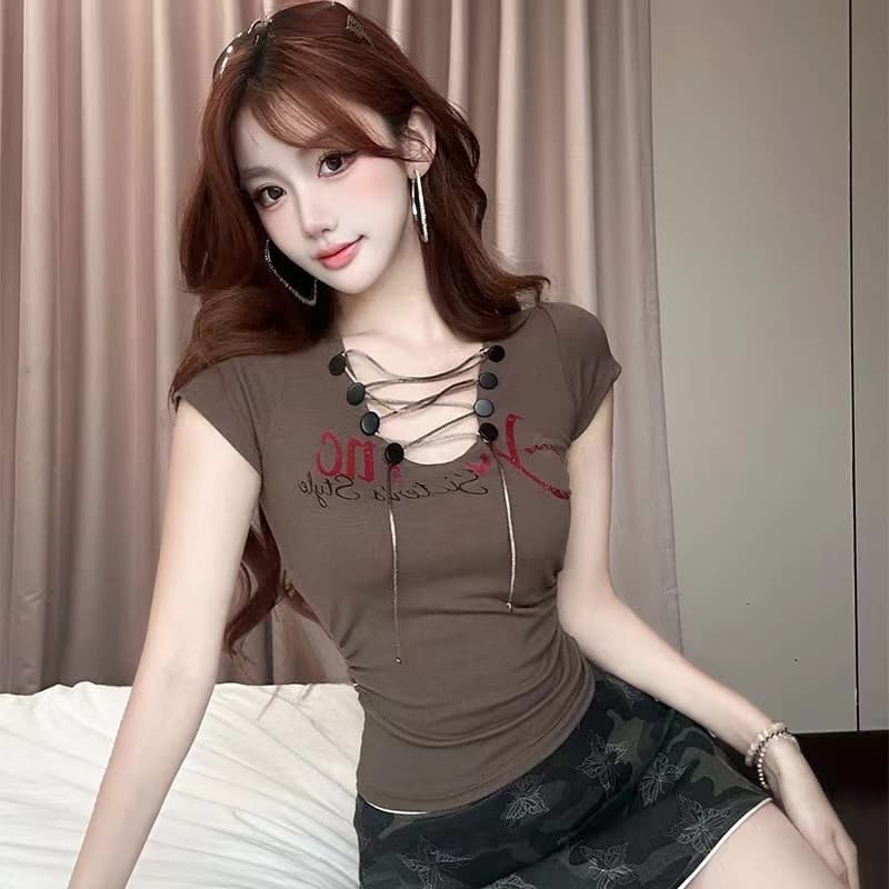 순수한 욕망 바람 십자가 스트랩 V넥 반팔 티셔츠 몸매 가꾸기 슬림해 보이는 알파벳 프린트 쇼트 스타일 맨위 이미지 5