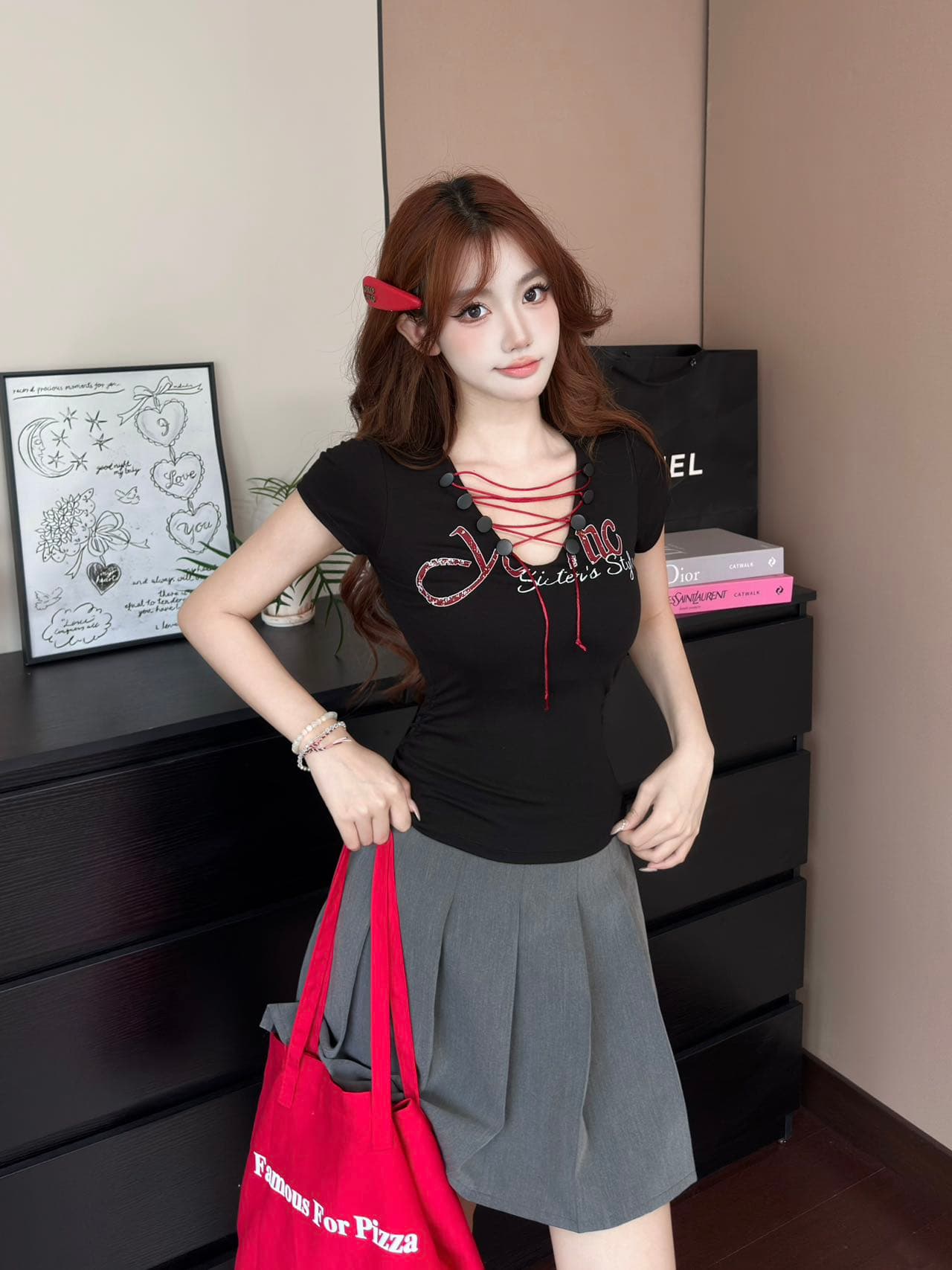 순수한 욕망 바람 십자가 스트랩 V넥 반팔 티셔츠 몸매 가꾸기 슬림해 보이는 알파벳 프린트 쇼트 스타일 맨위 상세 이미지 9