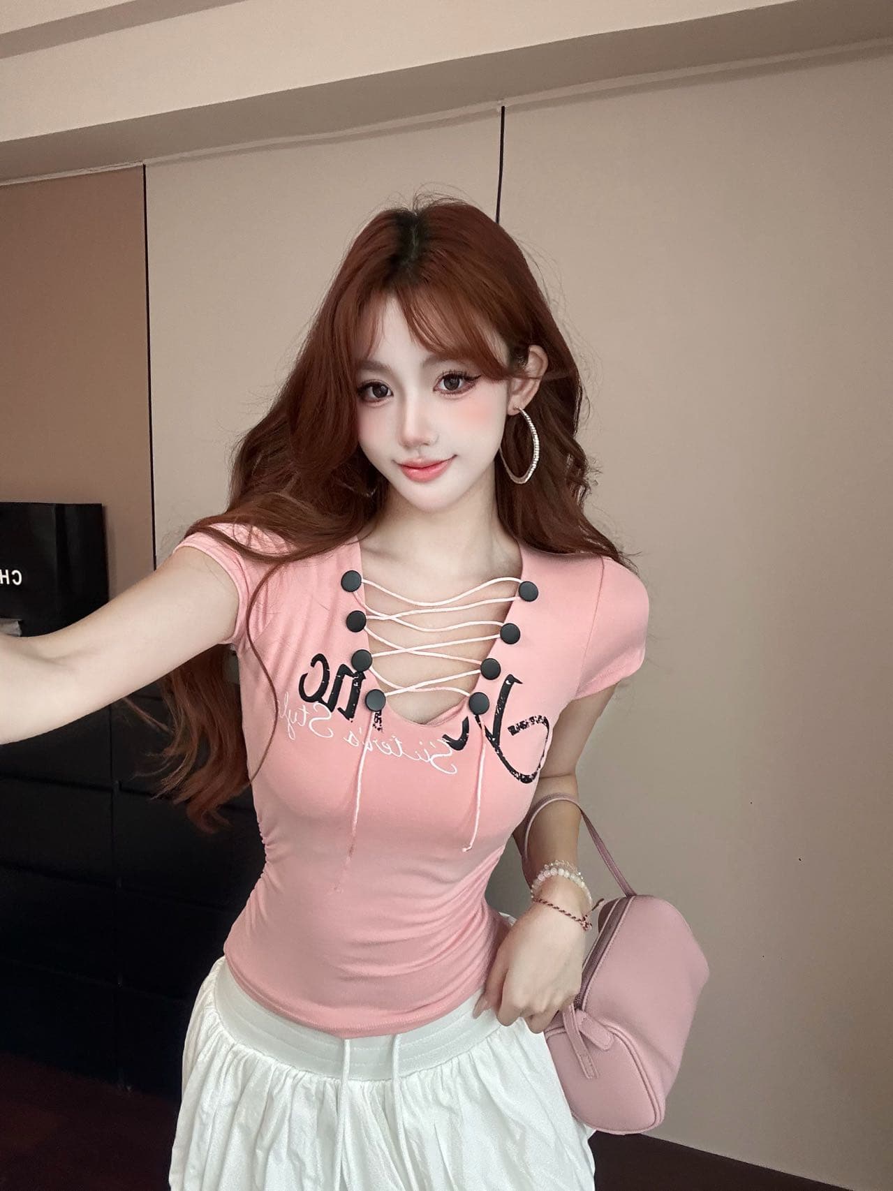 순수한 욕망 바람 십자가 스트랩 V넥 반팔 티셔츠 몸매 가꾸기 슬림해 보이는 알파벳 프린트 쇼트 스타일 맨위 상세 이미지 21