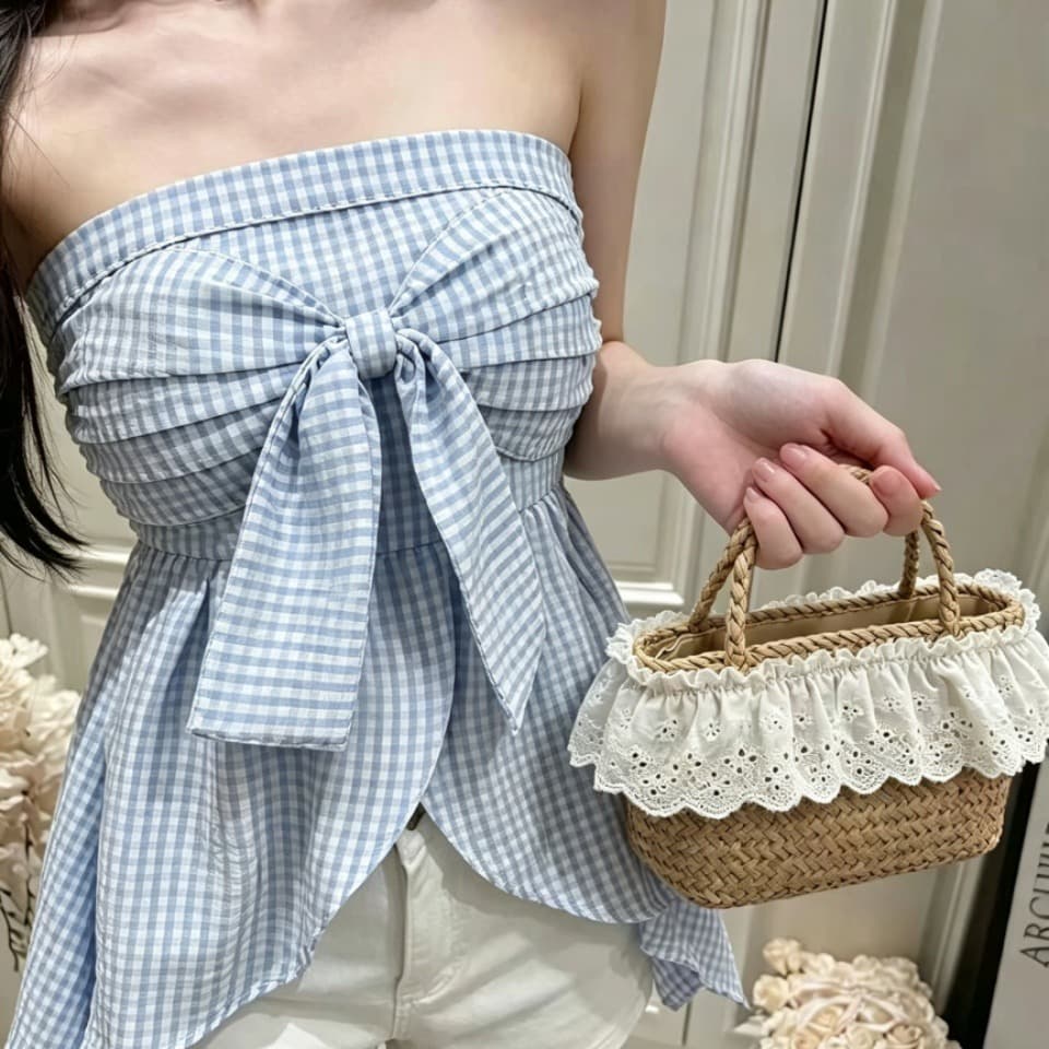 핫걸 나비 매듭 스트라이프 행침 목 튜브탑 조끼 여성 여름 디자인 센스 작은 대중 몸매 가꾸기 슬림해 보이는 외출용 맨위 이미지 5