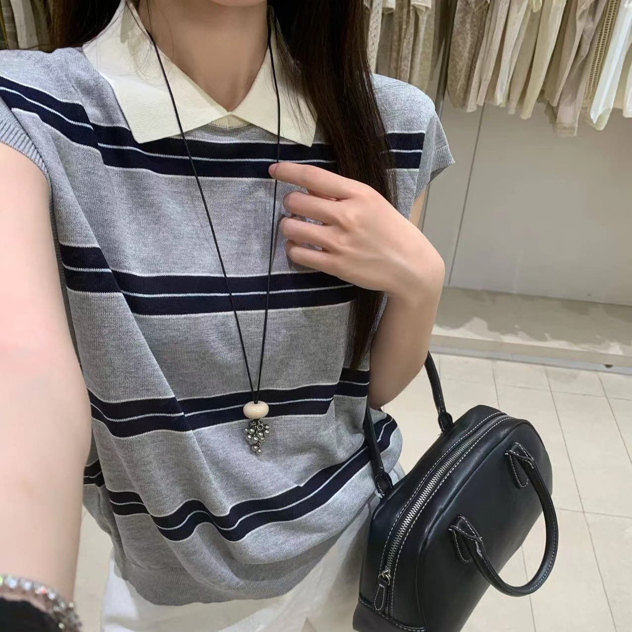 한 부서 배색 POLO 칼라 스트라이프 작은 날다 소매 짠 셔츠 여성 여름 학원 스타일 품격 다용도 얇은 스타일 맨위 트렌디 이미지 5