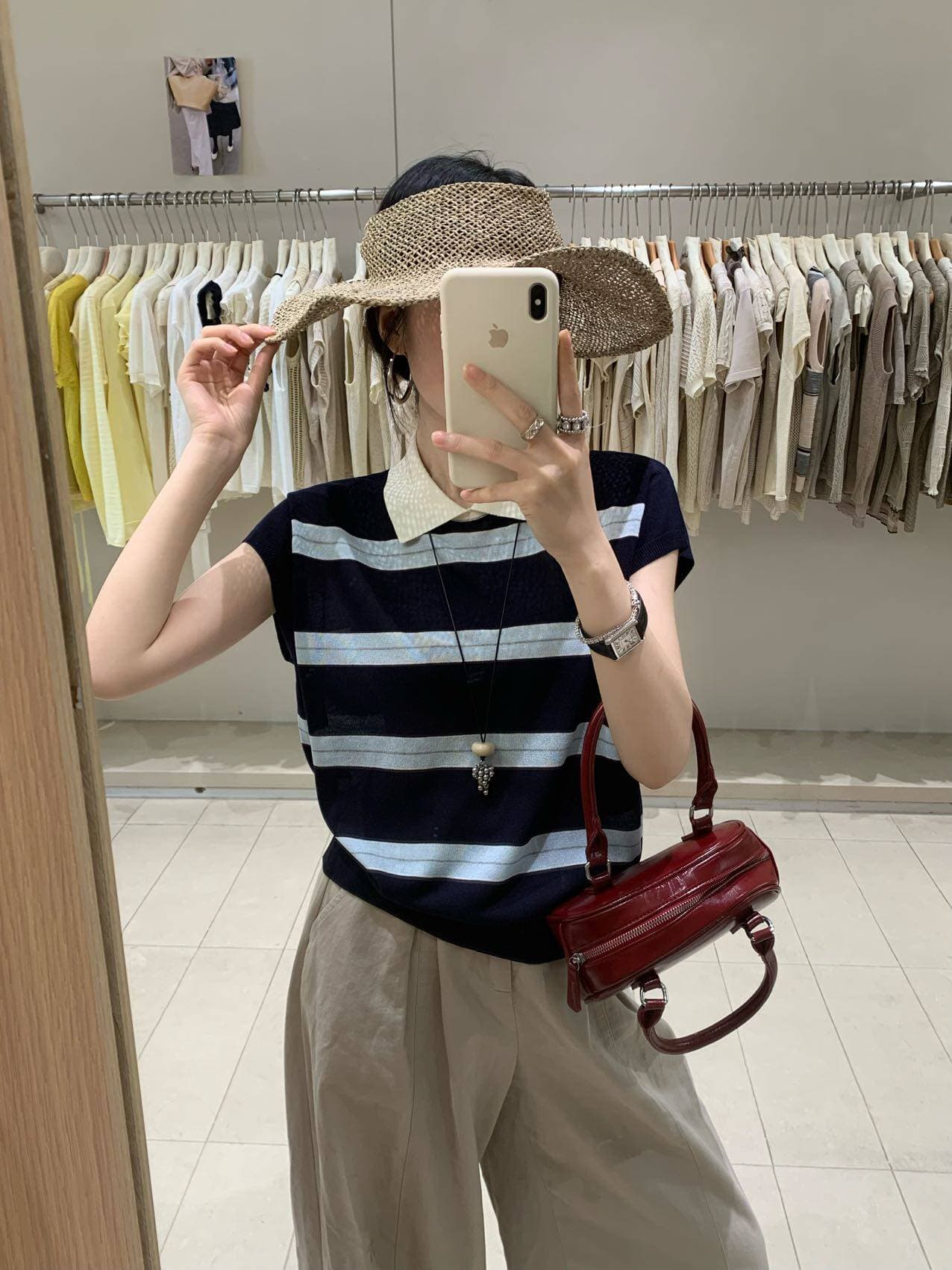 한 부서 배색 POLO 칼라 스트라이프 작은 날다 소매 짠 셔츠 여성 여름 학원 스타일 품격 다용도 얇은 스타일 맨위 트렌디 상세 이미지 2