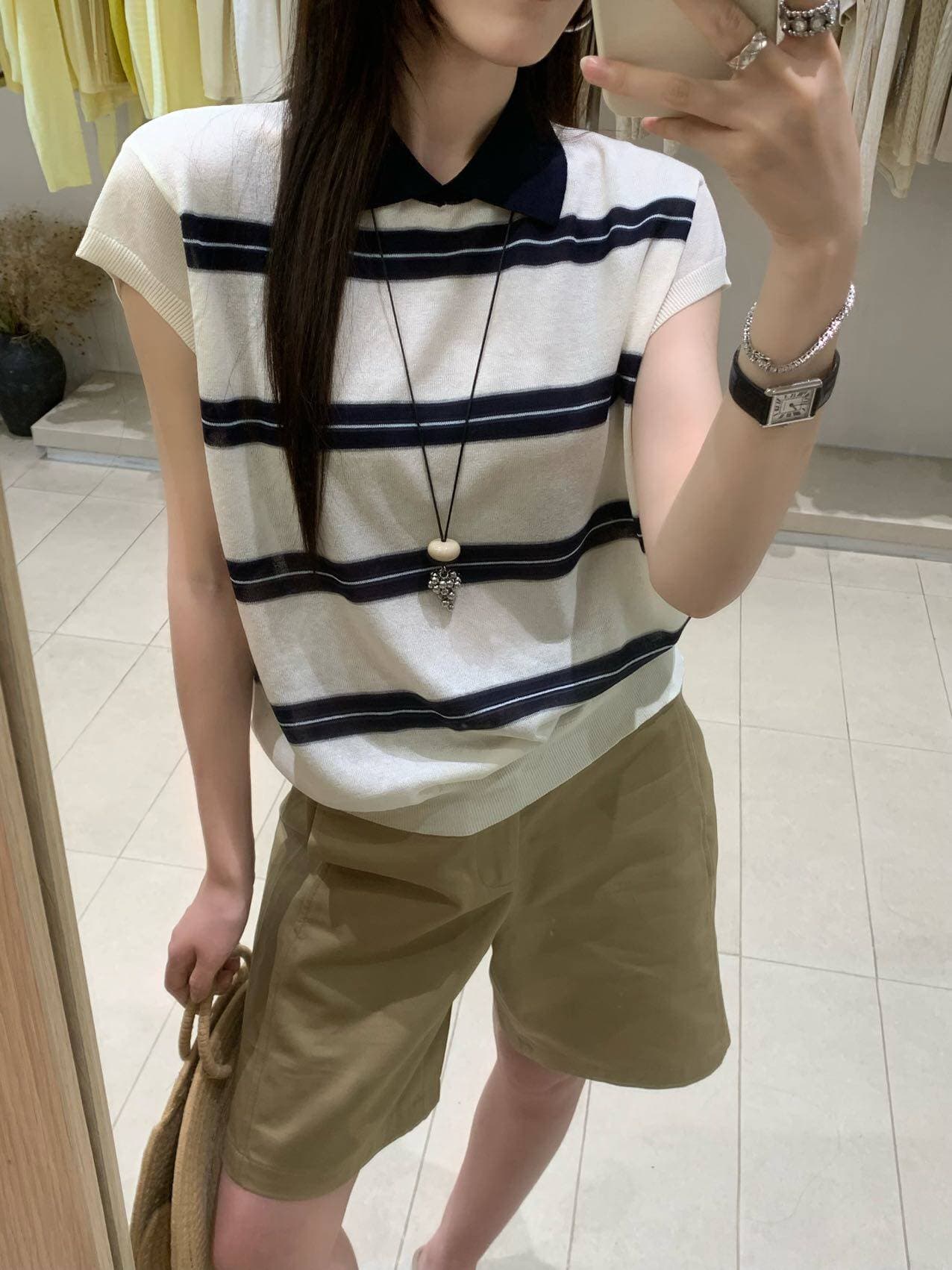 한 부서 배색 POLO 칼라 스트라이프 작은 날다 소매 짠 셔츠 여성 여름 학원 스타일 품격 다용도 얇은 스타일 맨위 트렌디 상세 이미지 11